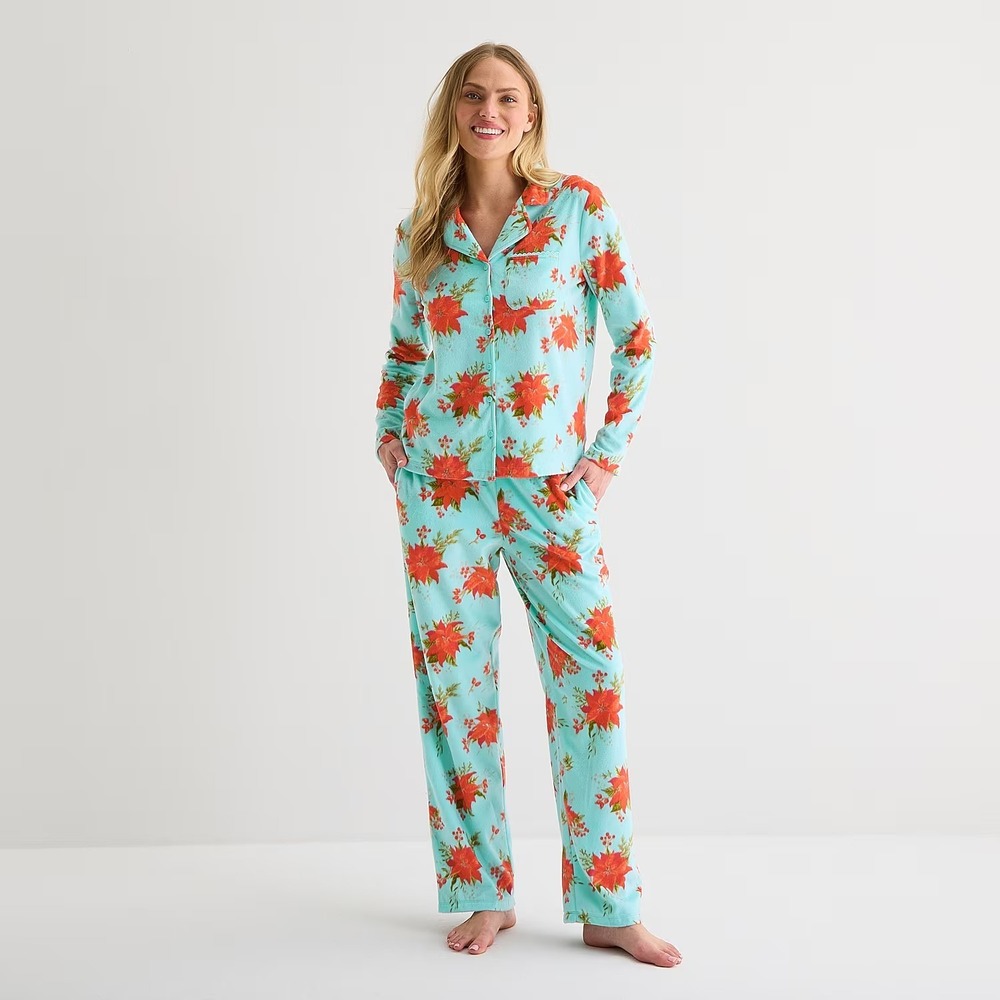 Adonna Womens 3X Aqua Poinsetta Fleece Long Sleeve 2 Piece Pajama Set